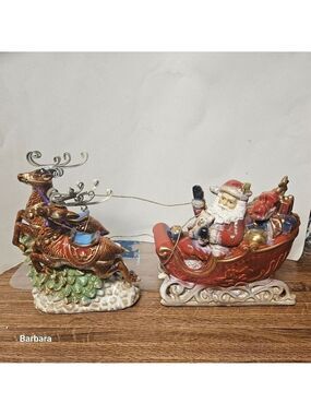 Vintage Costco Porcelain Hand-crafted Santa Sleigh 2-Piece Set